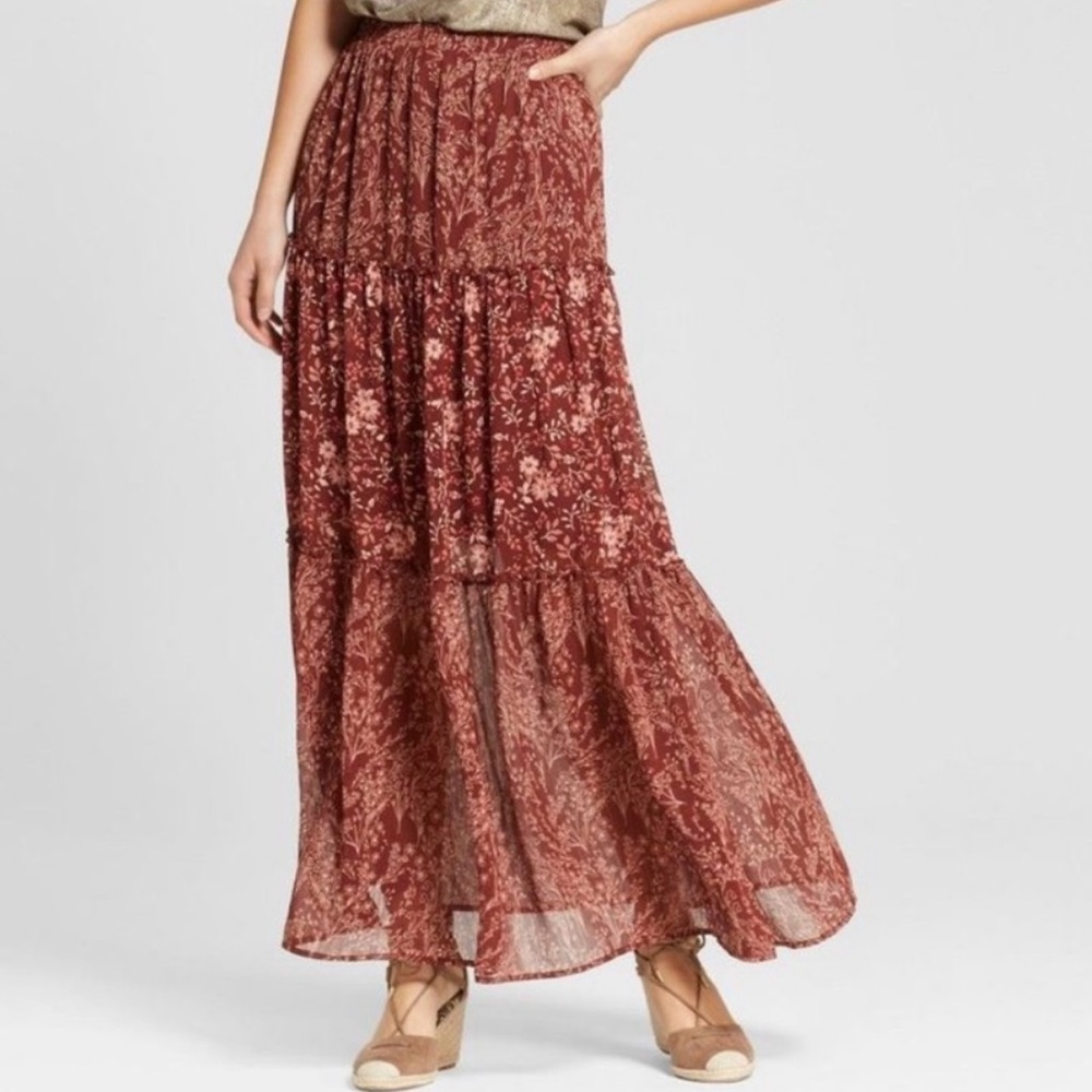 NWOT KNOX ROSE Burgundy/Maroon Floral Tiered Bohemian Maxi Skirt